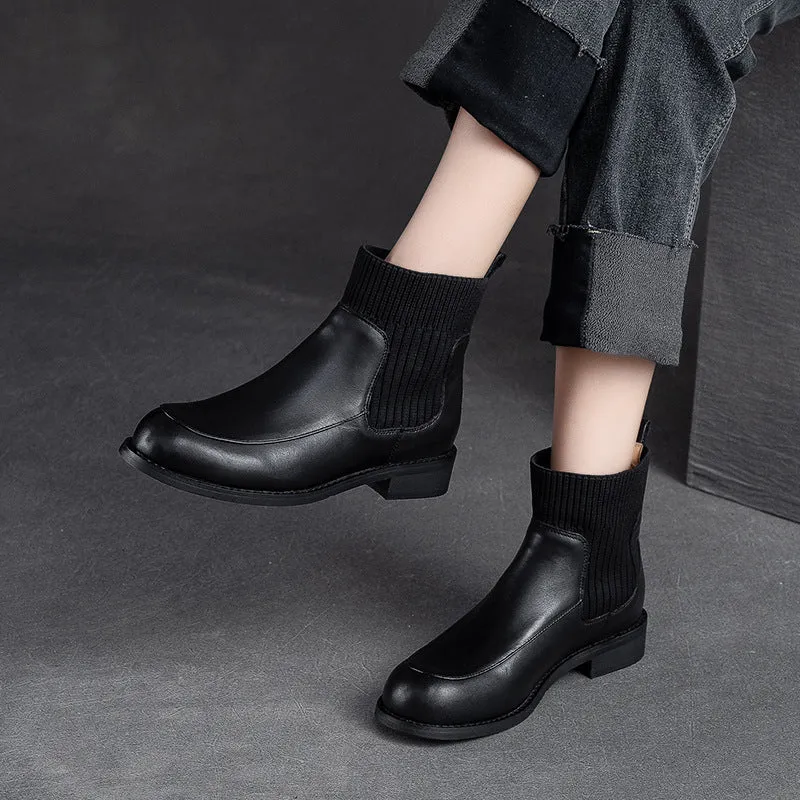 Women Retro Leather Patchwork Ankle Sock Boots