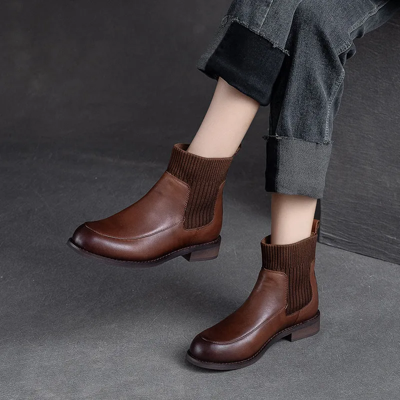 Women Retro Leather Patchwork Ankle Sock Boots