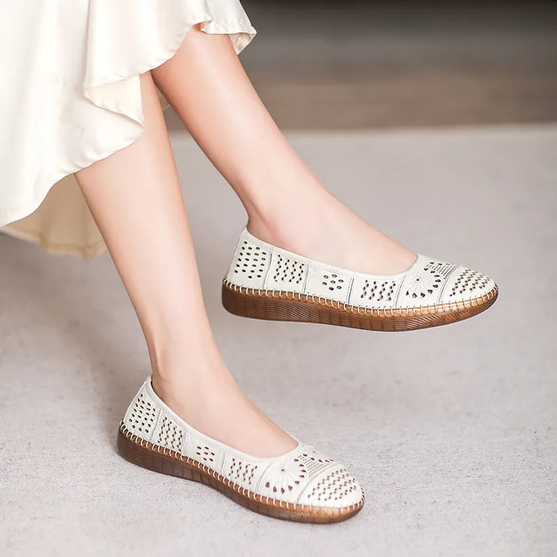 Women Retro Patchwork Hollow Leather Soft Flats