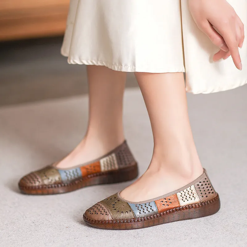 Women Retro Patchwork Hollow Leather Soft Flats