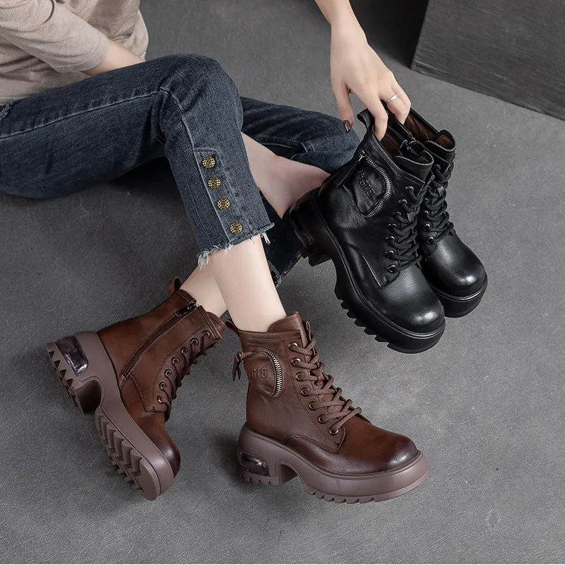 Women Retro Patchwork Leather Chunky Cushion Soled Boots