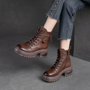 Women Retro Patchwork Leather Chunky Cushion Soled Boots