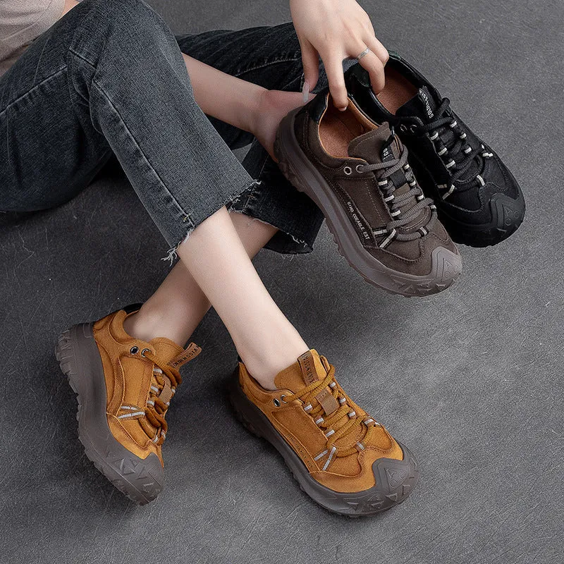 Women Retro Patchwork Leather Lug Sole Casual Shoes