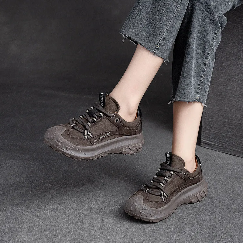 Women Retro Patchwork Leather Lug Sole Casual Shoes