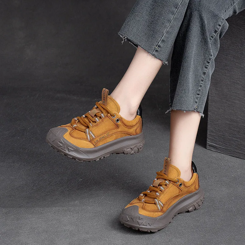 Women Retro Patchwork Leather Lug Sole Casual Shoes