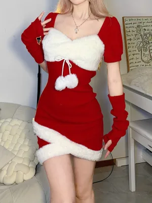 Women's Christmas Santa Dress Deluxe Mrs. Claus Costume Fur Patchwork Dress Party Cosplay Outfit