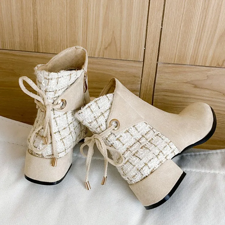 Women's Flock Lattice Patchwork Side Zippers Block Heel Short Boots