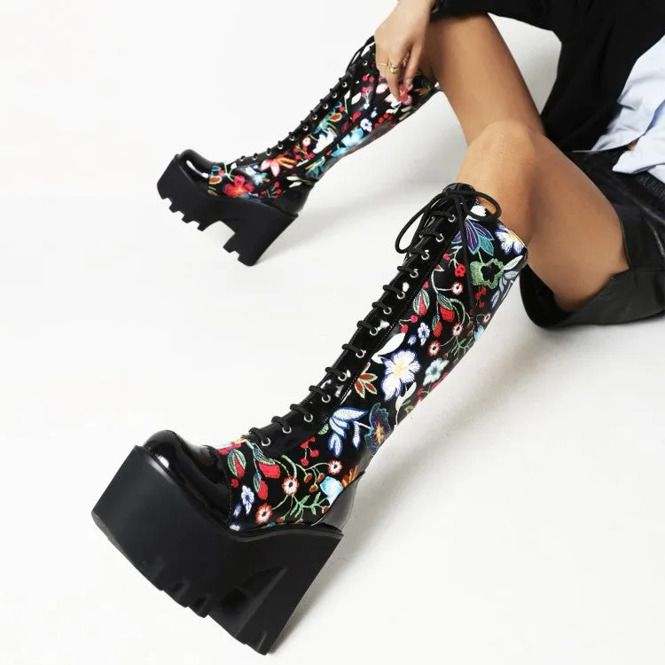 Women's Flora Patchwork Lace Up Chunky Heel Platform Knee High Boots