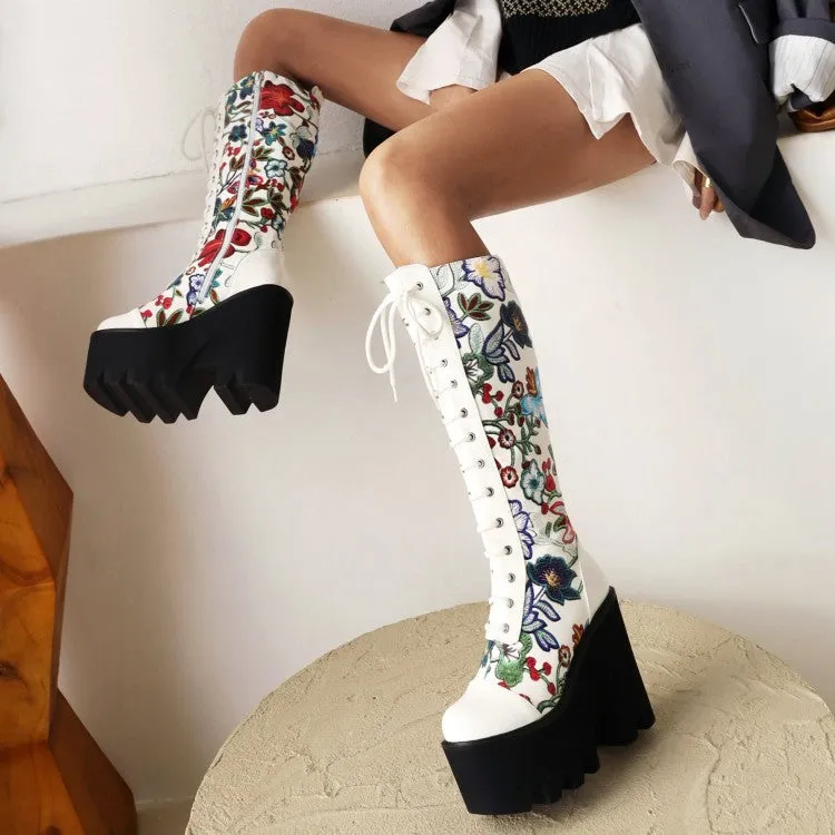 Women's Flora Patchwork Lace Up Chunky Heel Platform Knee High Boots