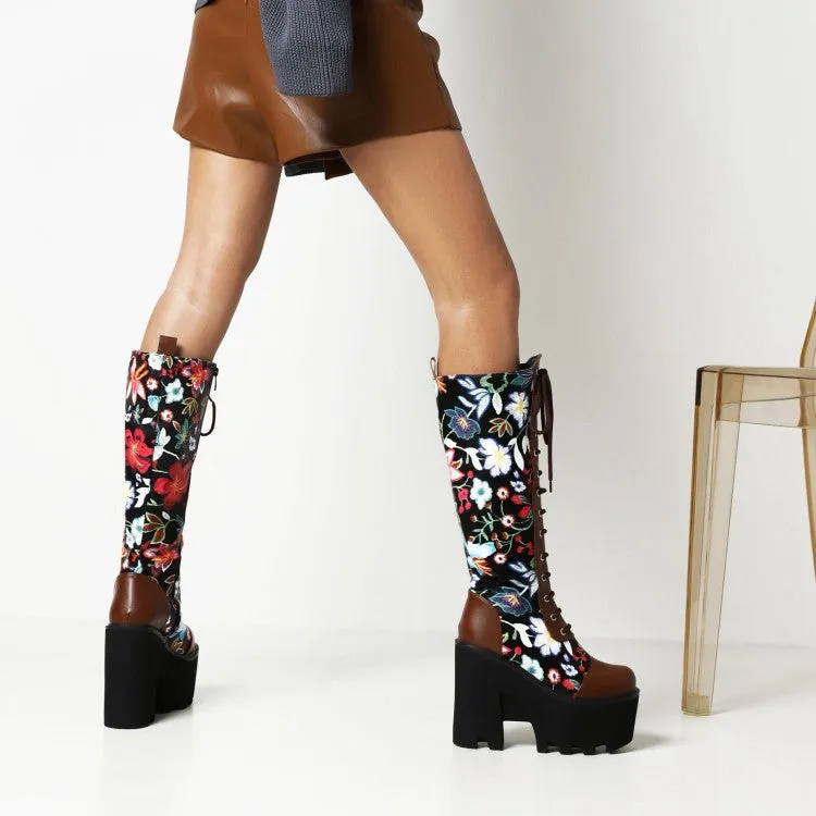 Women's Flora Patchwork Lace Up Chunky Heel Platform Knee High Boots