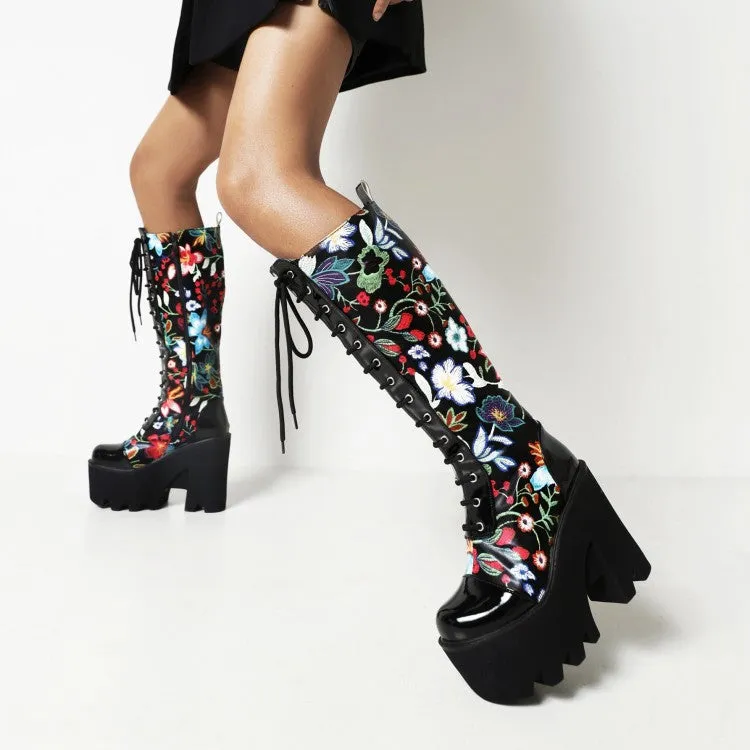 Women's Flora Patchwork Lace Up Chunky Heel Platform Knee High Boots