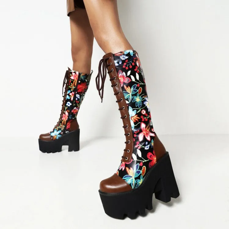 Women's Flora Patchwork Lace Up Chunky Heel Platform Knee High Boots