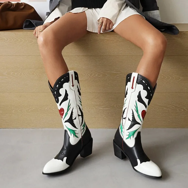 Women's Patchwork Pointed Toe Block Heel Cowboy Mid Calf Boots