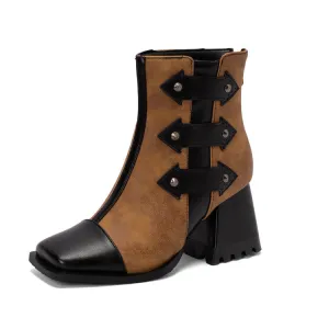 Women's Snake Printed Patchwork Block Heel Short Boots