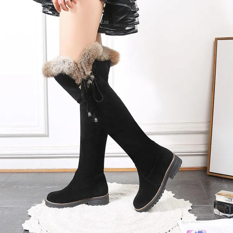 Women's Suede Stitching Patchwork Side Tied Fur Flat Knee High Boots