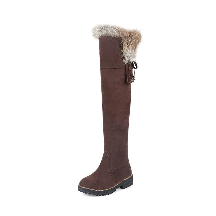 Women's Suede Stitching Patchwork Side Tied Fur Flat Knee High Boots