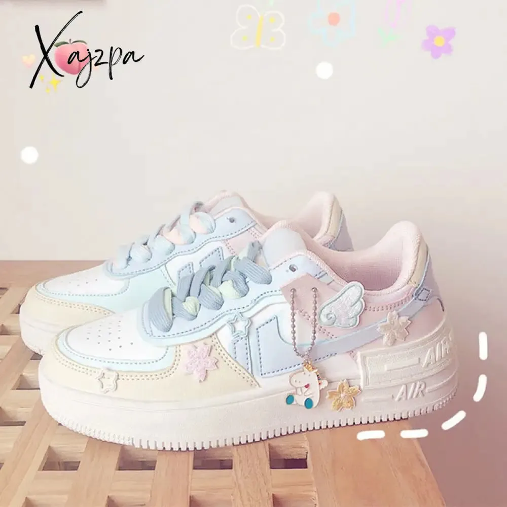 Xajzpa - New Kawaii Candy Color Canvas Sneakers Japanese Style Patchwork Women's Footwear Cute Girls' Lolita Shoes Stickers Zapatillas Mujer