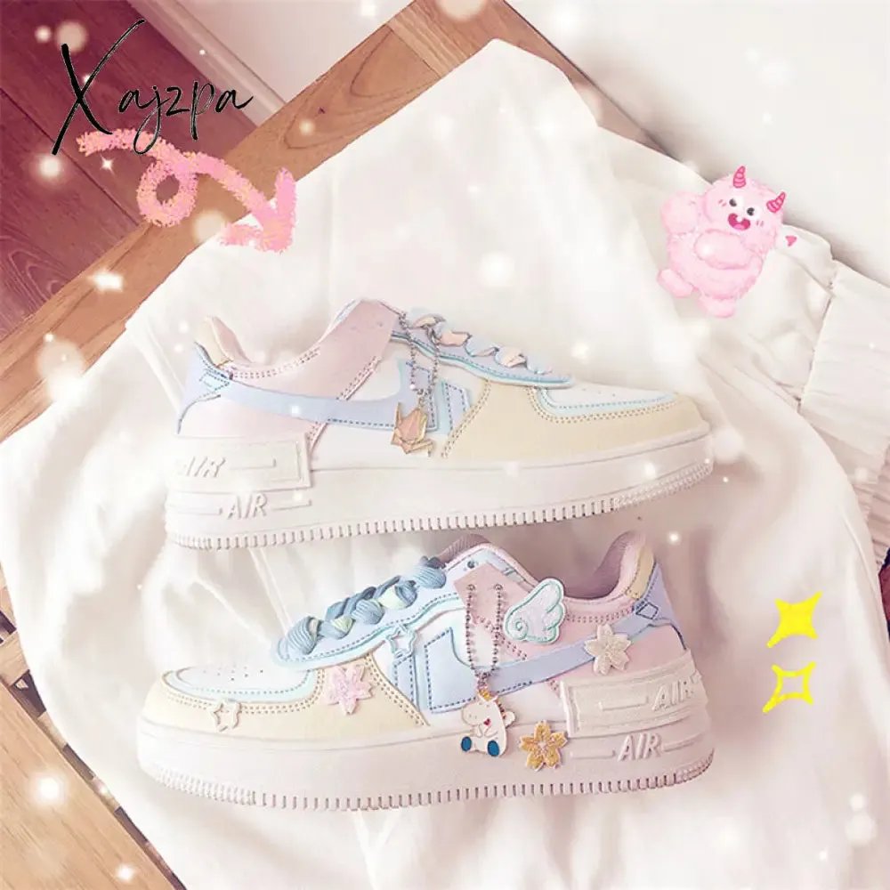 Xajzpa - New Kawaii Candy Color Canvas Sneakers Japanese Style Patchwork Women's Footwear Cute Girls' Lolita Shoes Stickers Zapatillas Mujer