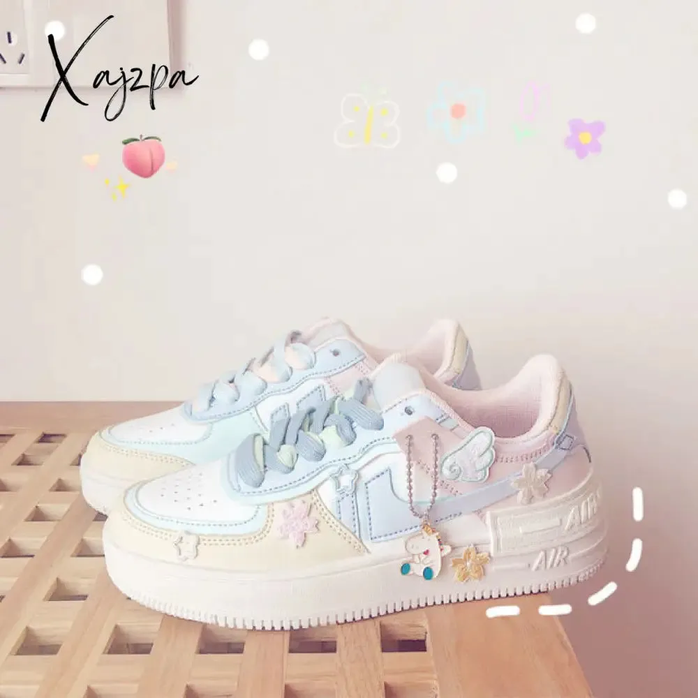 Xajzpa - New Kawaii Candy Color Canvas Sneakers Japanese Style Patchwork Women's Footwear Cute Girls' Lolita Shoes Stickers Zapatillas Mujer